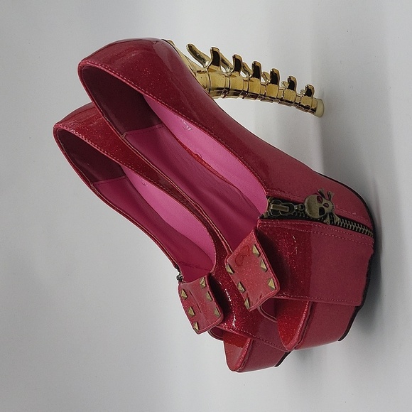 37- Show Story Skull Heel Pink Glitter Platform Heels Sz 10 Open Toe Studded - Picture 3 of 14